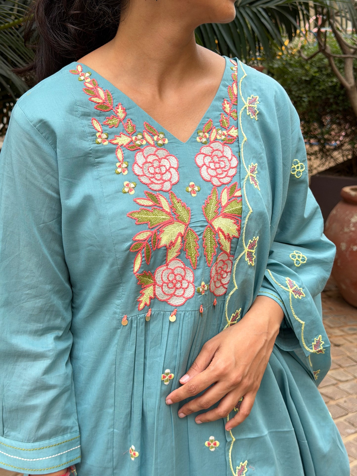 A0693 Chanderi 3pc set with Rose floral embroidery detailing