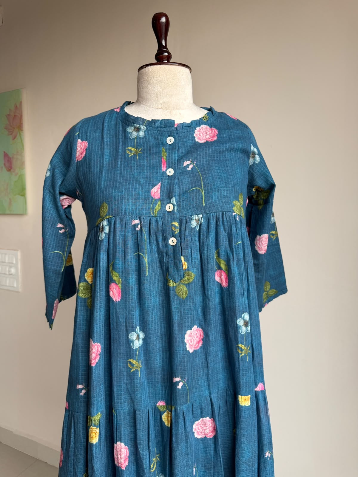 A0854 blue Kota floral printed one piece dress