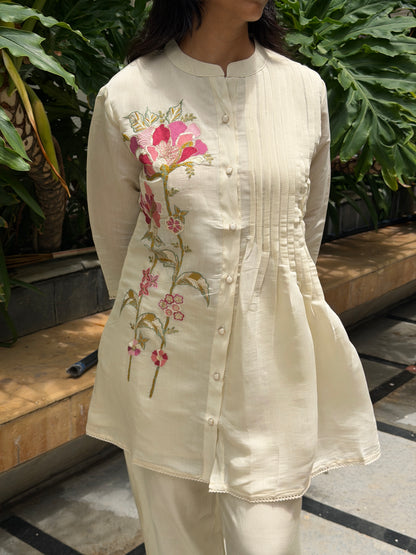A0831 Mul Chanderi Cream cord set with embroidery detailing with pleats pattern