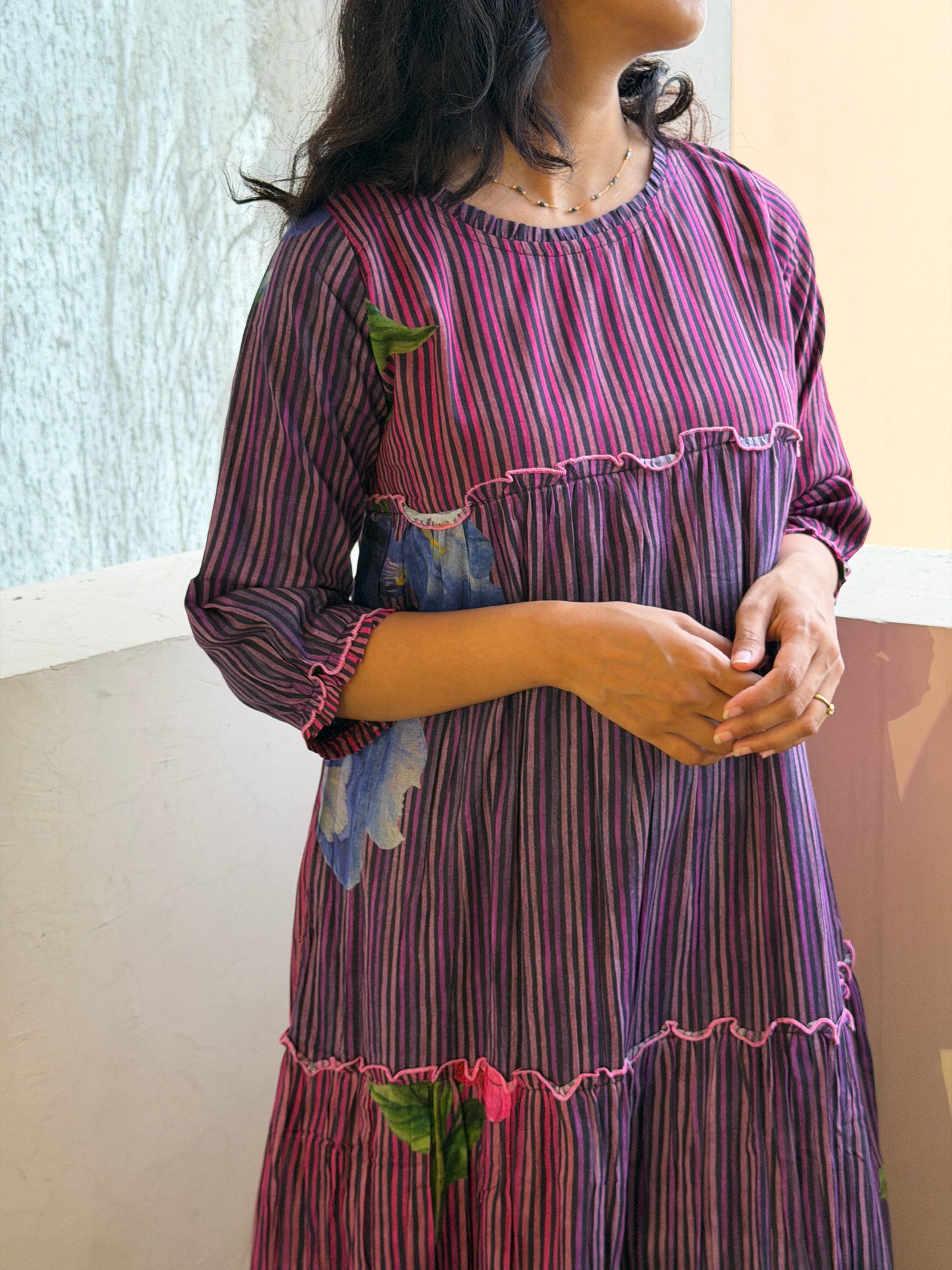 A0762 strips Mul cotton dress in blue and pink