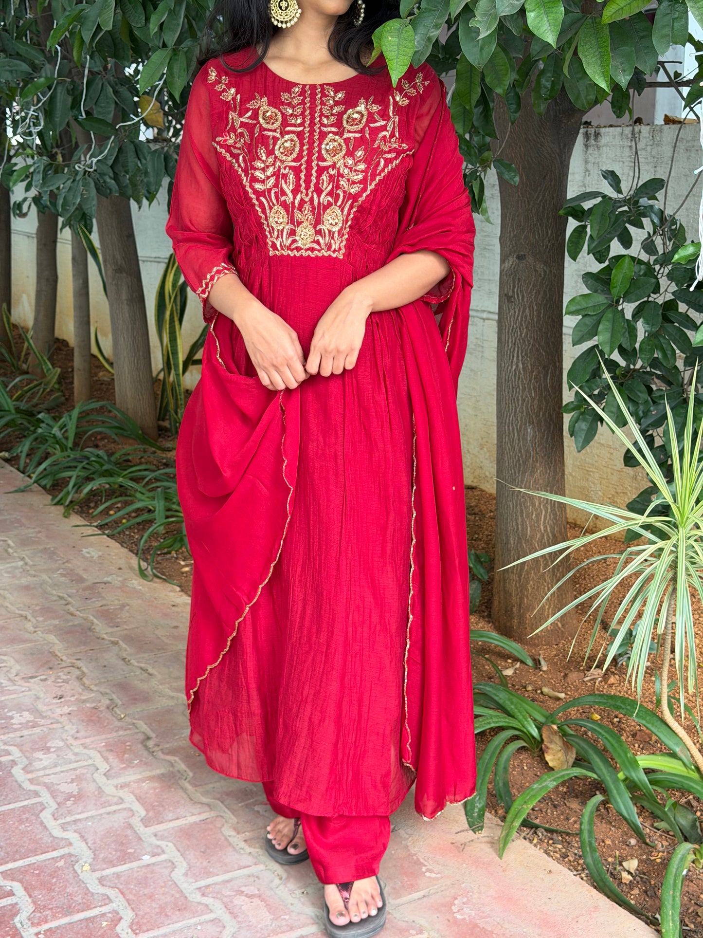A0615 red mul chanderi 3 piece suit with zardosi hand embroidery detailing & smoking details at sides
