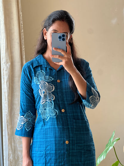 A0111 Handloom cotton 2pc set with machine embroidery detailing for top and bottom
