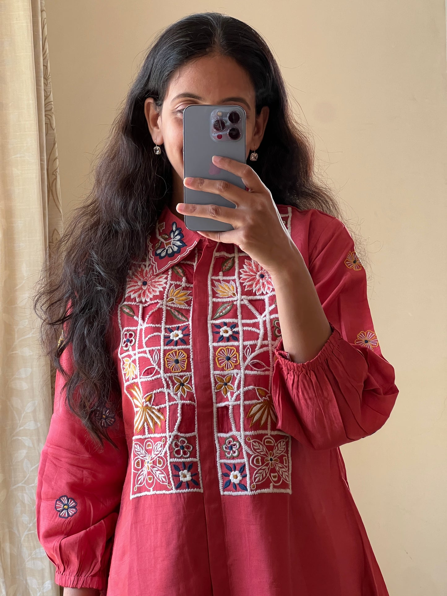 A0369 rust dola silk coord set with machine embroidery detailing