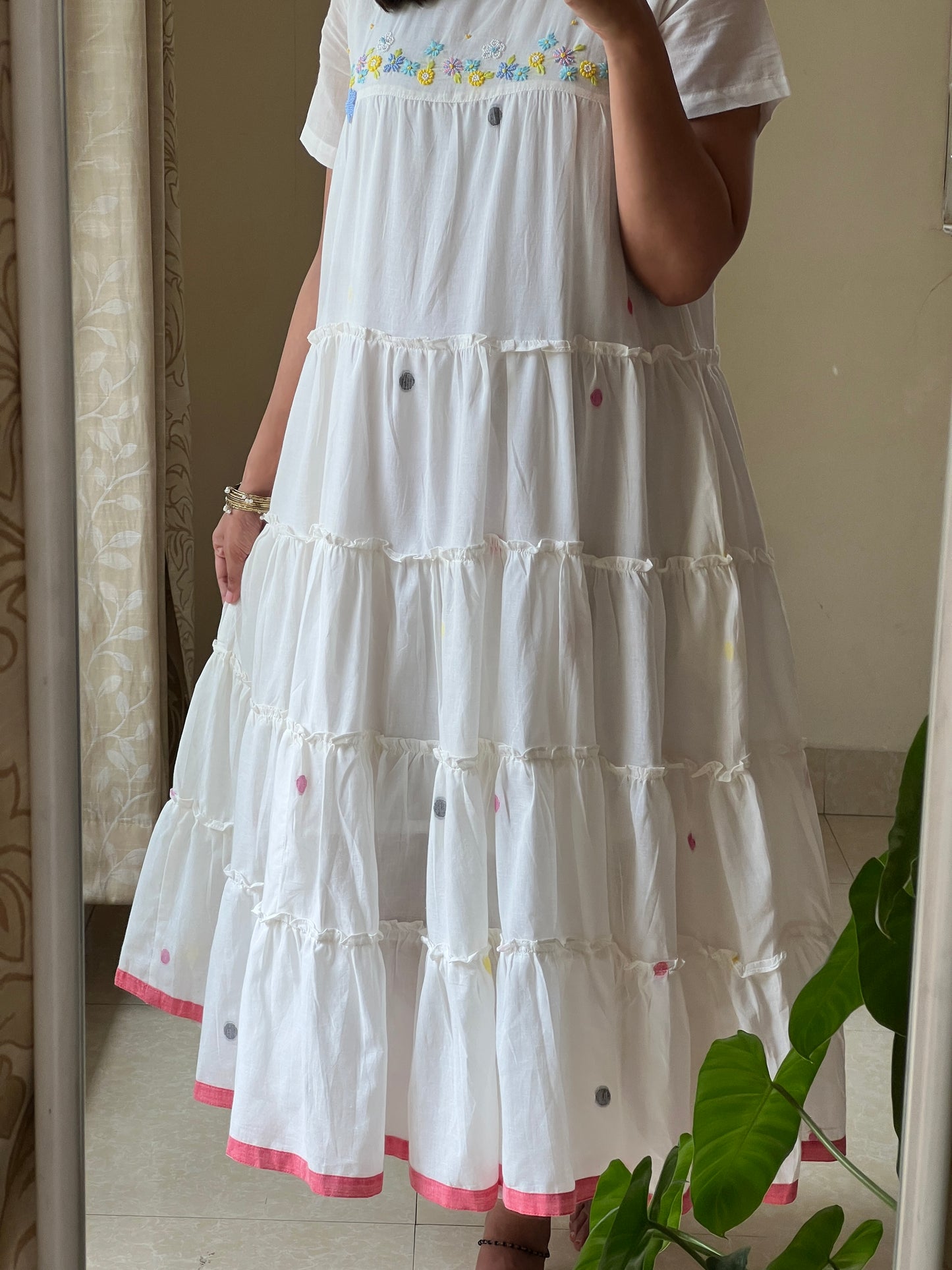 A0490 white  Bengal cotton jamdani one piece dress with hand embroidery detailing on yoke part