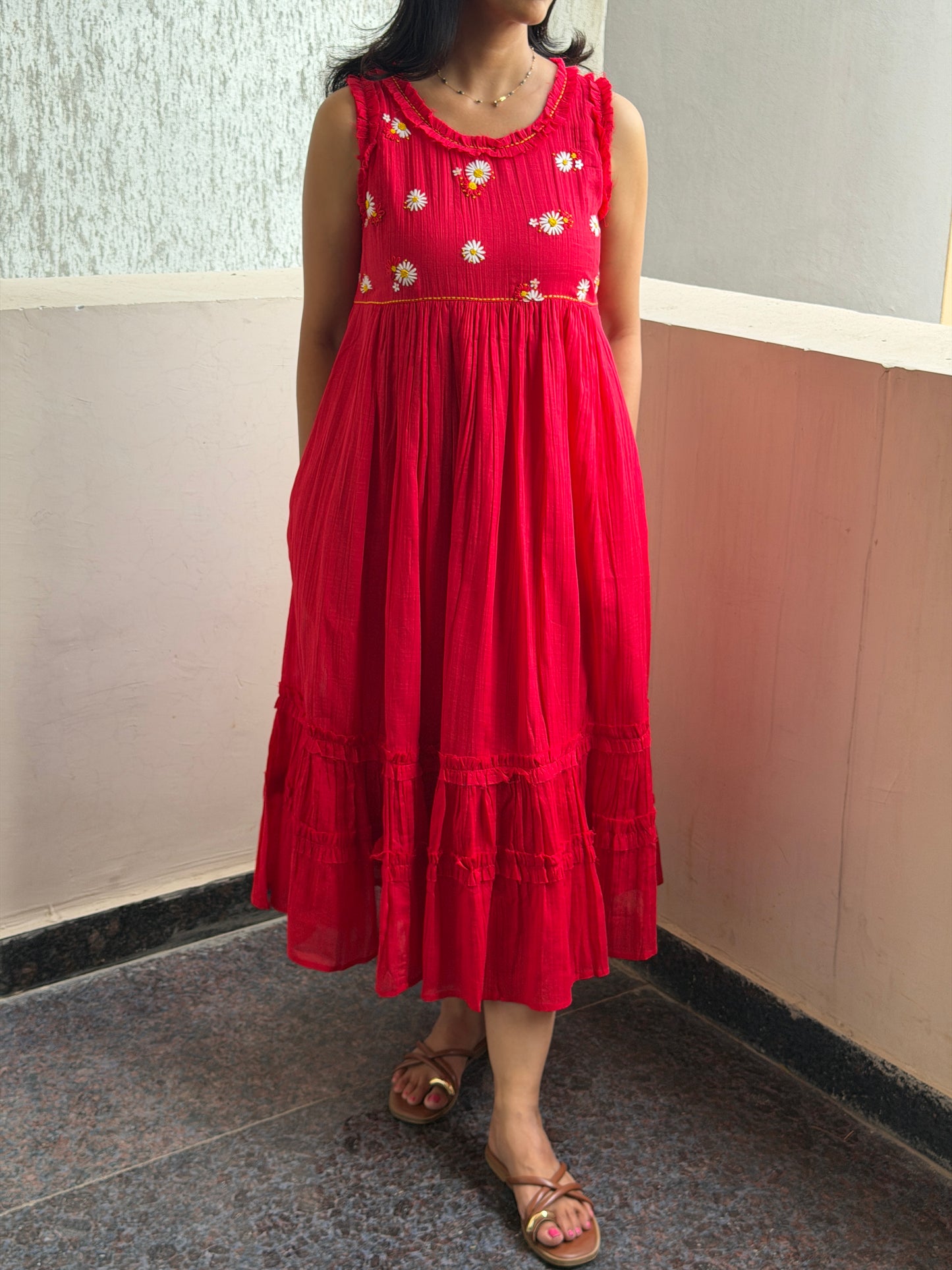 A0771 Mul cotton Red dress with beautiful 3D hand hand embroidery