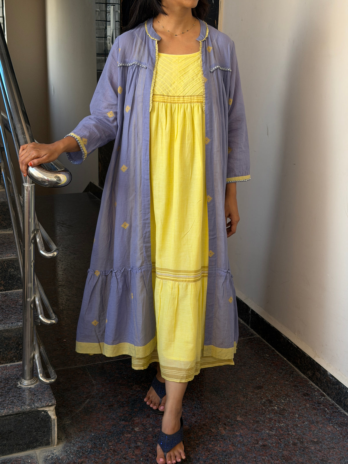 A0378 Bengal cotton Jamdani coat style in yellow and blue combinations with layered coat