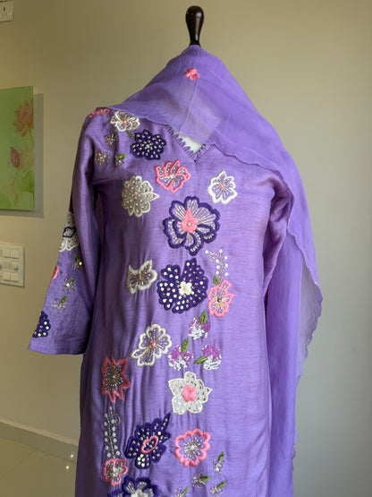 A0856 lavender Dola silk applique work 3 piece dress
