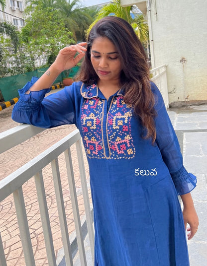 A0595 blue mul chanderi coord set with Kutch work embroidery