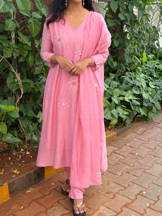 A0638 Beautiful baby pink shade 3pc set with knot and hand embroidery detailing