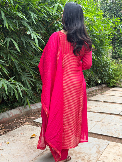 A0772 Rani pink Mul Chanderi 3 piece suit with golden stripes Mul Chanderi fabric detailing all over the dress & comes with border all over the dress