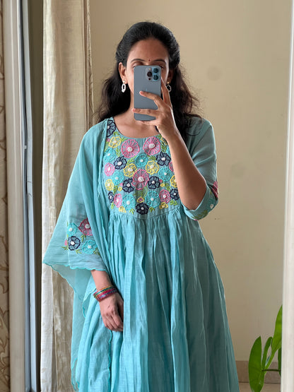 A0521 firozi blue mul chanderi 3 piece dress with multi colour threads floral embroidery all over the yoke & duppatta