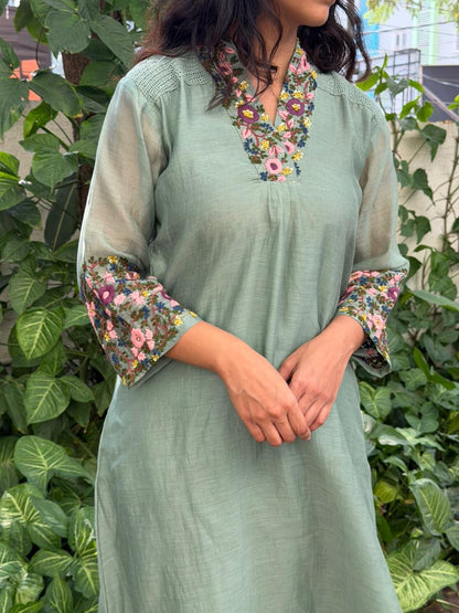 A0619 green Mul chanderi coord set with hand embroidery & lace detailing