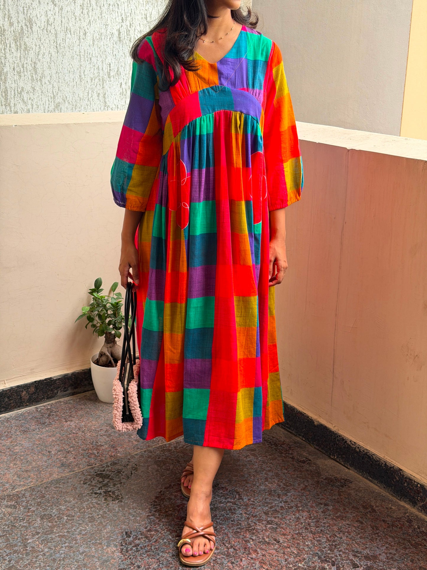 A0773 slub cotton madras checks one piece dress