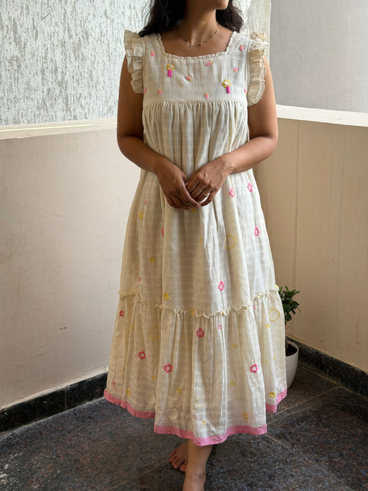 A0757 Cream Pure cotton dress with floral embroidery and 3D embroidery detailing
