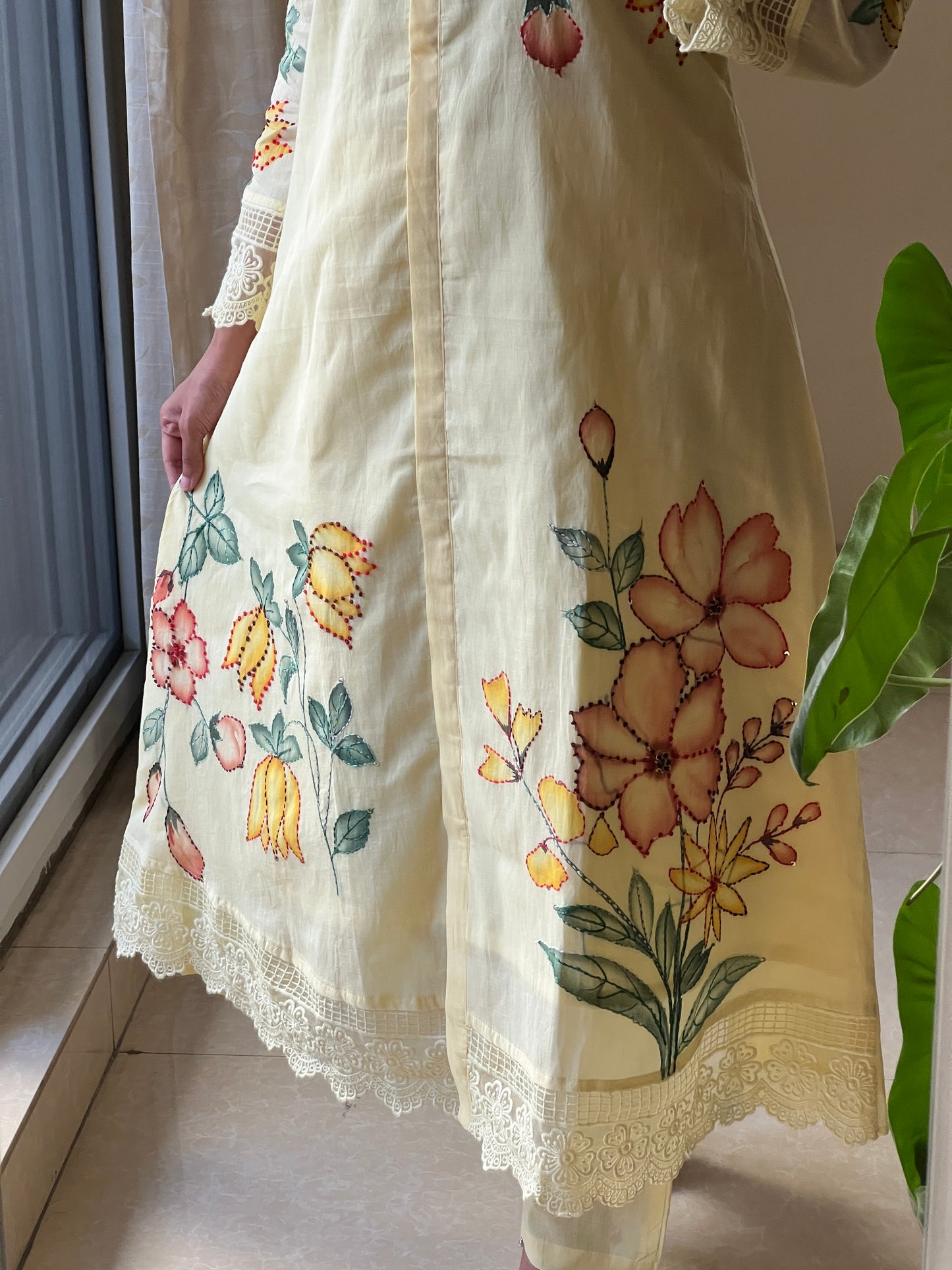 A0542 yellow Mulmul 2 piece dress with hand paint & hand embroidery detailing