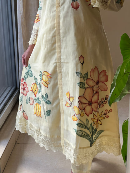 A0542 yellow Mulmul 2 piece dress with hand paint & hand embroidery detailing