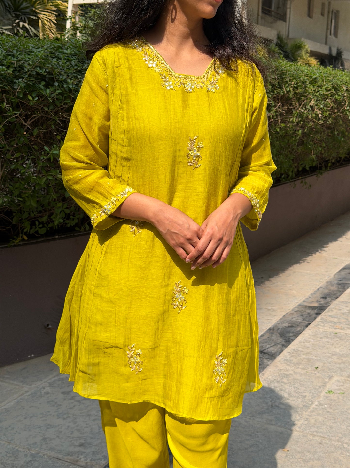 A0635 Beautiful yellow shade mul Chanderi cord set with Kundan, beads and embroidery detailing