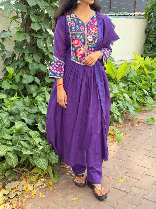 A0682 purple cotton kota 3 piece dress with embroidery on yoke part