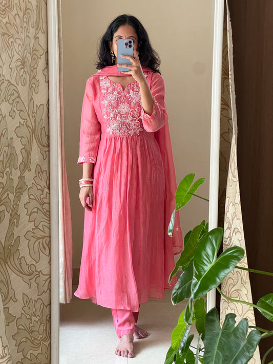 A0499 peach mul chanderi 3 piece dress with hand embroidery detailing on yoke part and buttis on duppatta