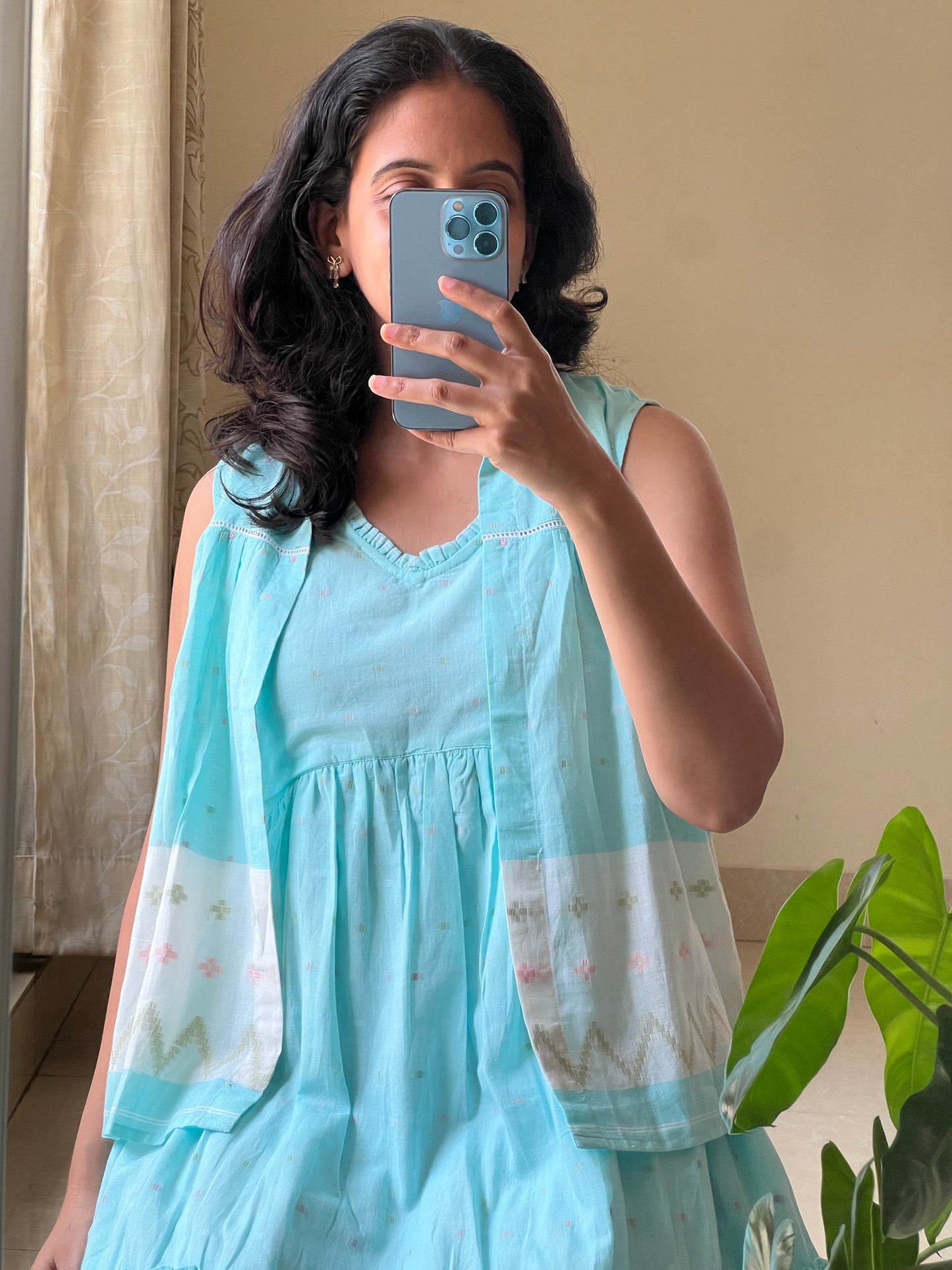 Bengal cotton Jamdani coat dress in beautiful Blue shade with