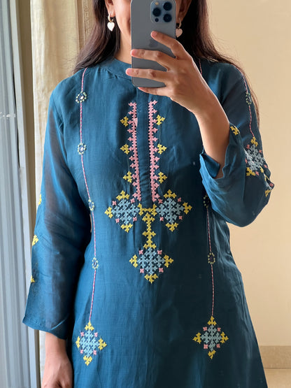 P07 peacock blue mul chanderi 2 piece dress with Kutch work hand embroidery detailing