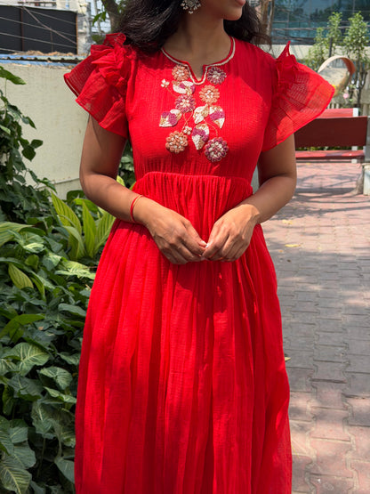 A0650 Beautiful red Kota cotton frock with beads and motti details