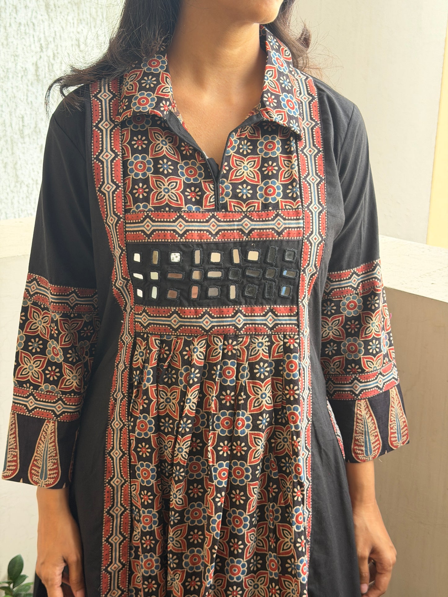 A0776 Black Ajrak A-line dress with cute pockets