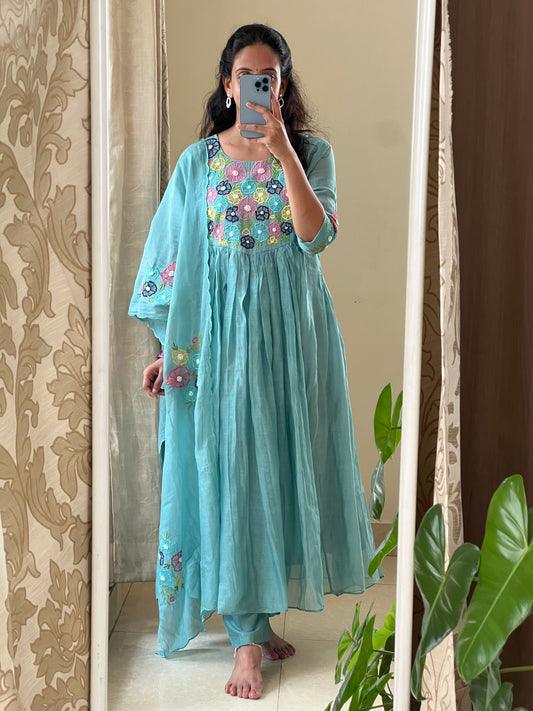A0521 firozi blue mul chanderi 3 piece dress with multi colour threads floral embroidery all over the yoke & duppatta