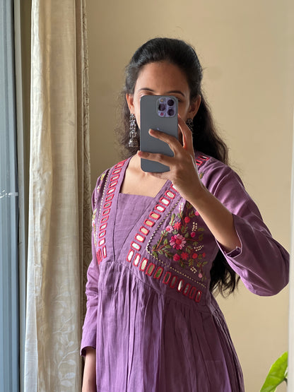 A0219  lavender Mulmul one piece dress with glass mirror work & hand embroidery
