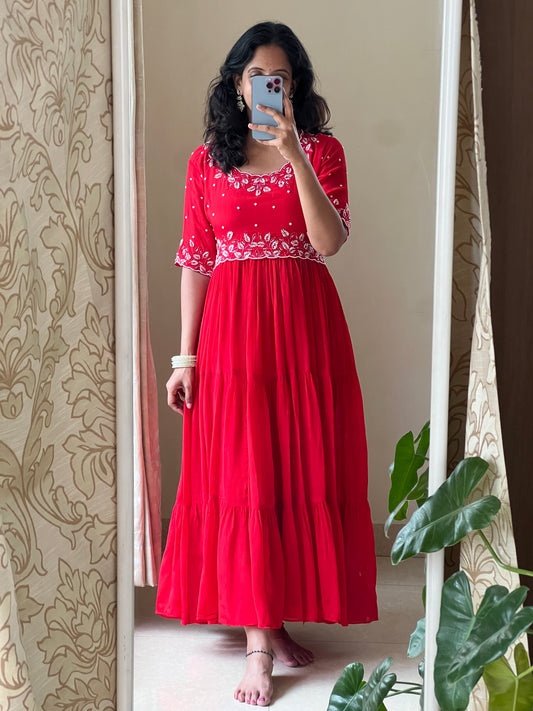 A0495 red chinnon one piece dress with moti & beads work