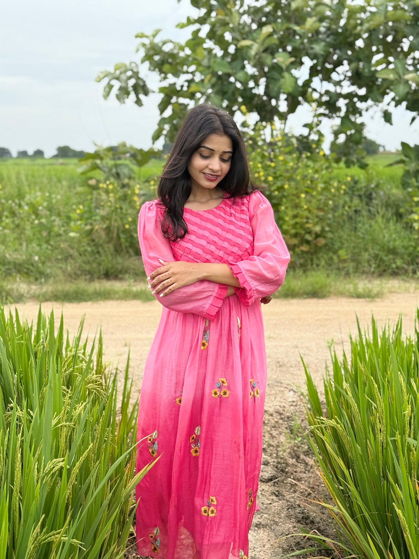 A0539 Pink Bloom 🌸 mul chanderi shaded one piece dress with floral embroidery and different yoke part