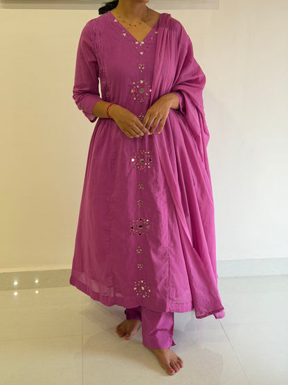 A0730 pink mul cotton 3 piece with mirror embroidery detailing & side pleats