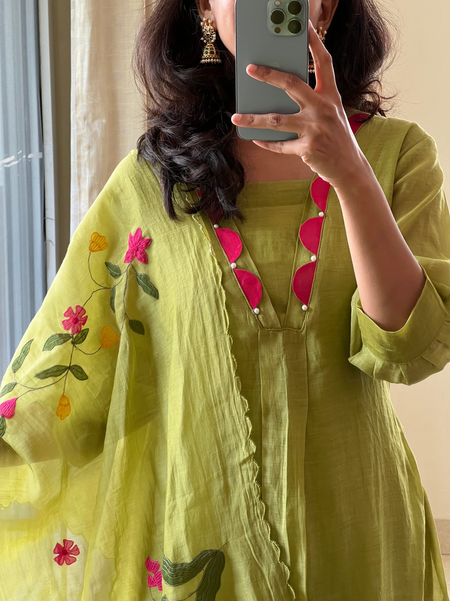 A0522 green Mulchanderi 3 piece dress with multi colour applique work detailing at the bottom of the dress