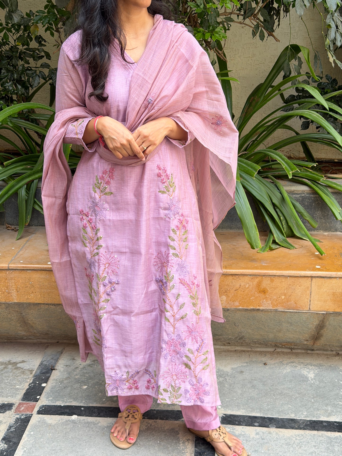 A0739 lavender matka chanderi straight cut 3 piece dress with Kantha work detailing all over the dress & butties all over the duppatta