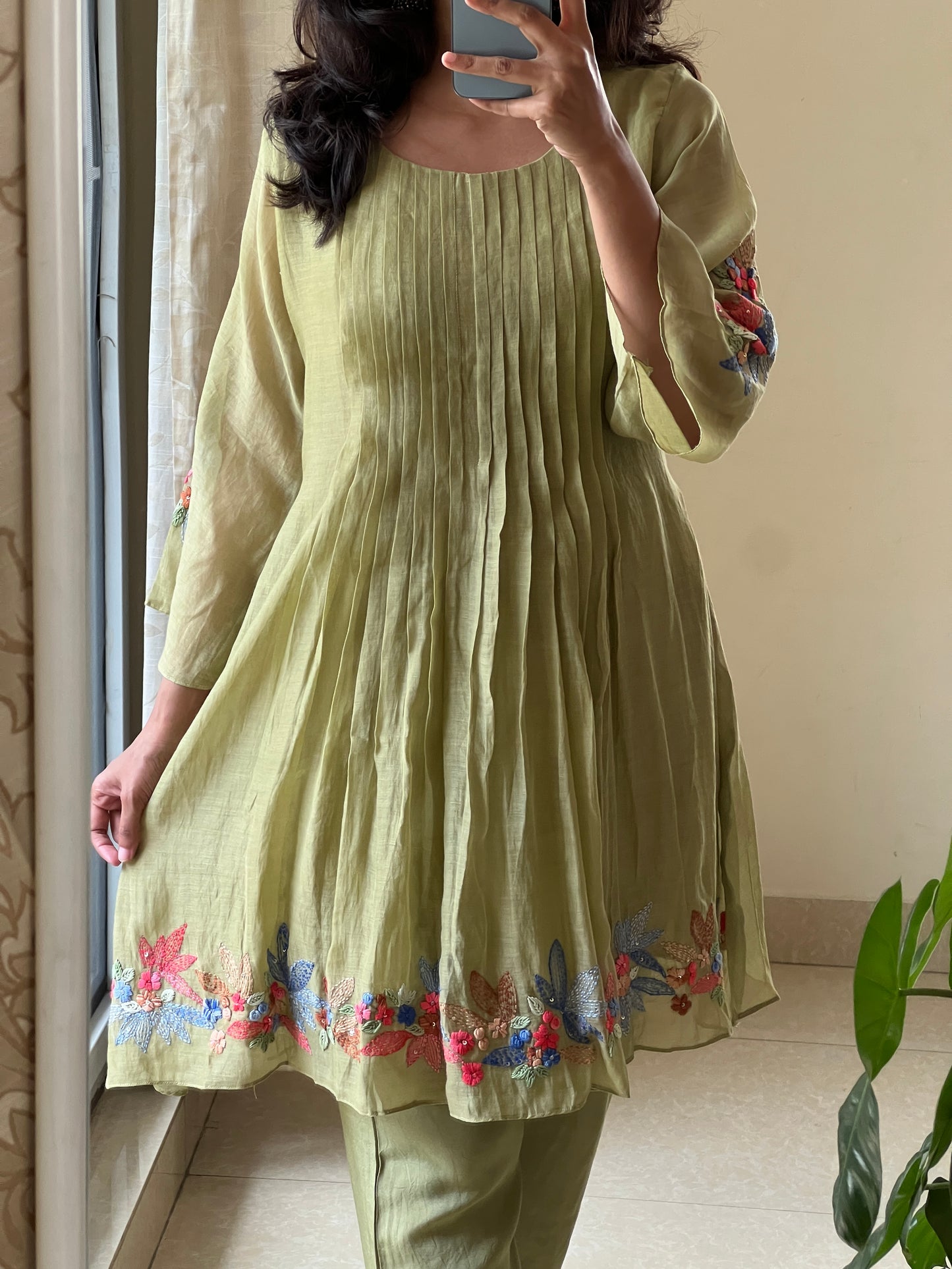 A0528 green mul chanderi coord set hand embroidery detailing at bottom & hands