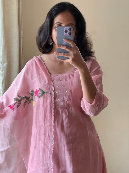A0420 nude pink mul chanderi 3 piece dress with applique work embroidery