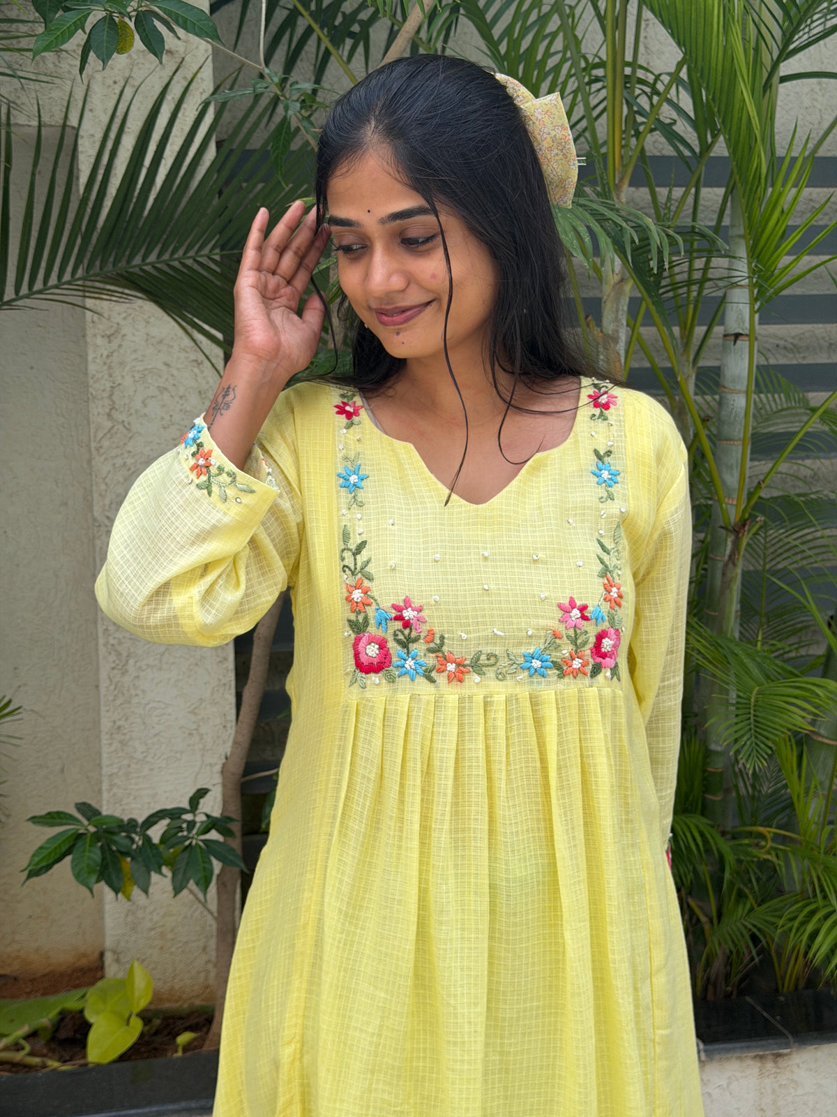 A0834 Butter Yellow Cotton Kota dress with hand embroidery detailing