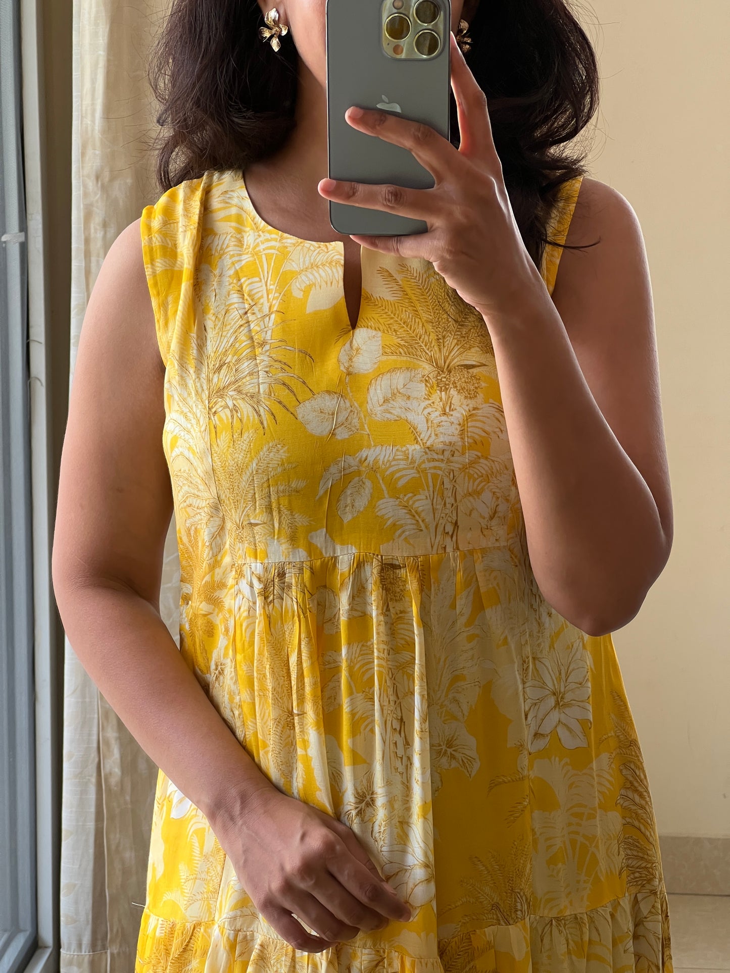 A0527 yellow premium cotton silk one piece floral printed dress, sleeves can be attached