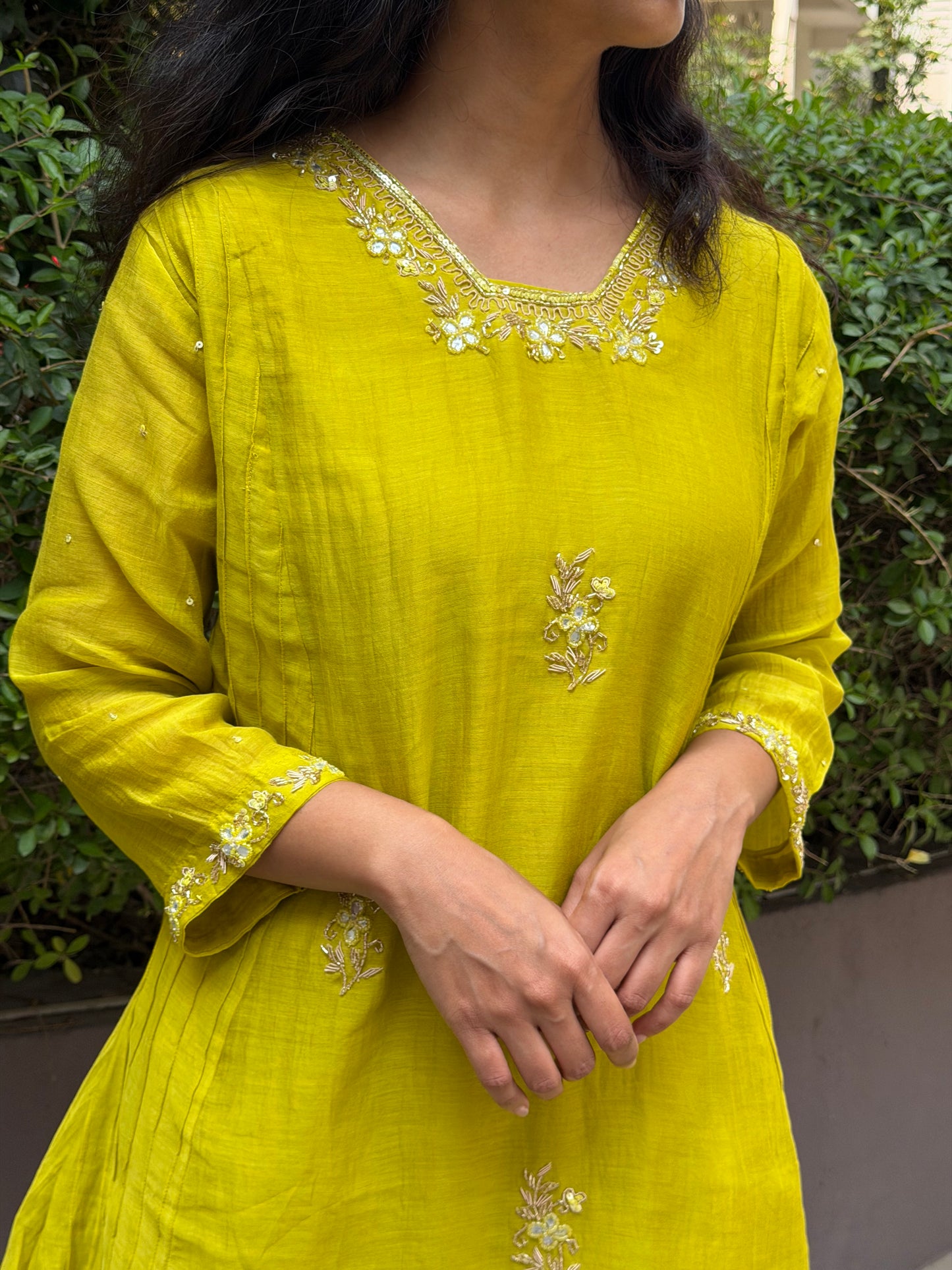 A0635 Beautiful yellow shade mul Chanderi cord set with Kundan, beads and embroidery detailing