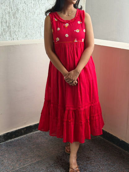 A0771 Mul cotton Red dress with beautiful 3D hand hand embroidery