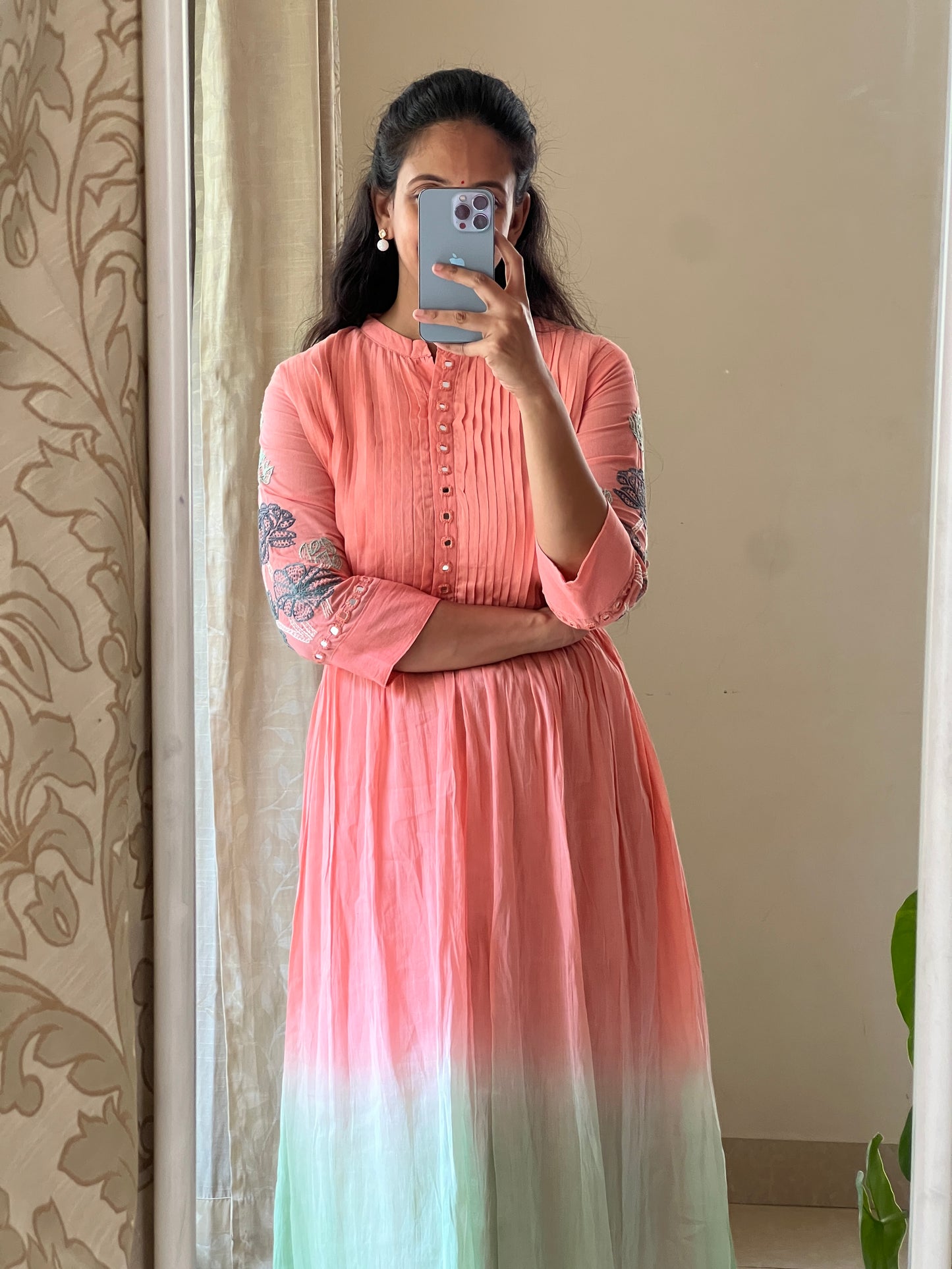 A0429 peach & green Mulmul shaded 2 piece dress with glass mirror & Kantha embroidery detailing on hands