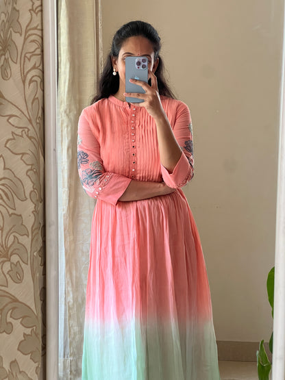 A0429 peach & green Mulmul shaded 2 piece dress with glass mirror & Kantha embroidery detailing on hands
