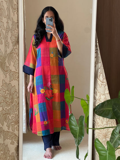 A0665 mul cotton multi colour checks digital printed kurta and navy blue pants, kurta comes with lining