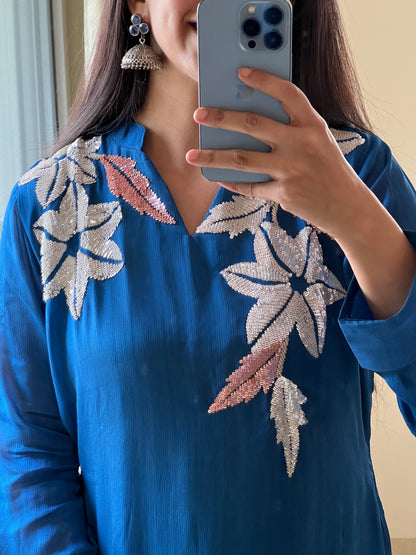 A0437 blue chinnon two piece dress with chips hand embroidery detailing