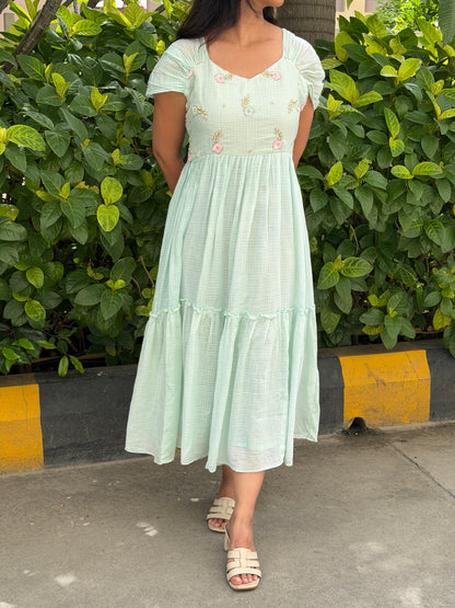 A0819 Cotton kota Sea blue dress with beautiful sleeves pattern