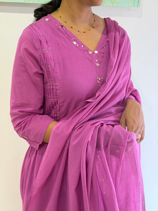 A0730 pink mul cotton 3 piece with mirror embroidery detailing & side pleats