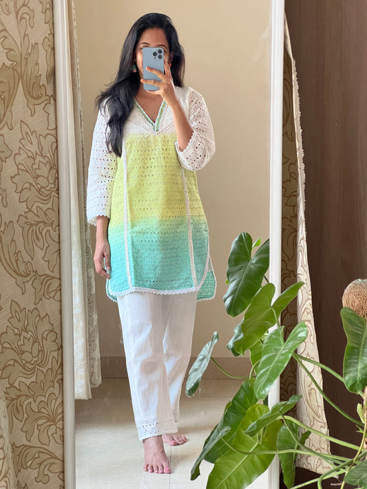 A0158 hakoba cotton green & blue shaded cotton shaded coord set
