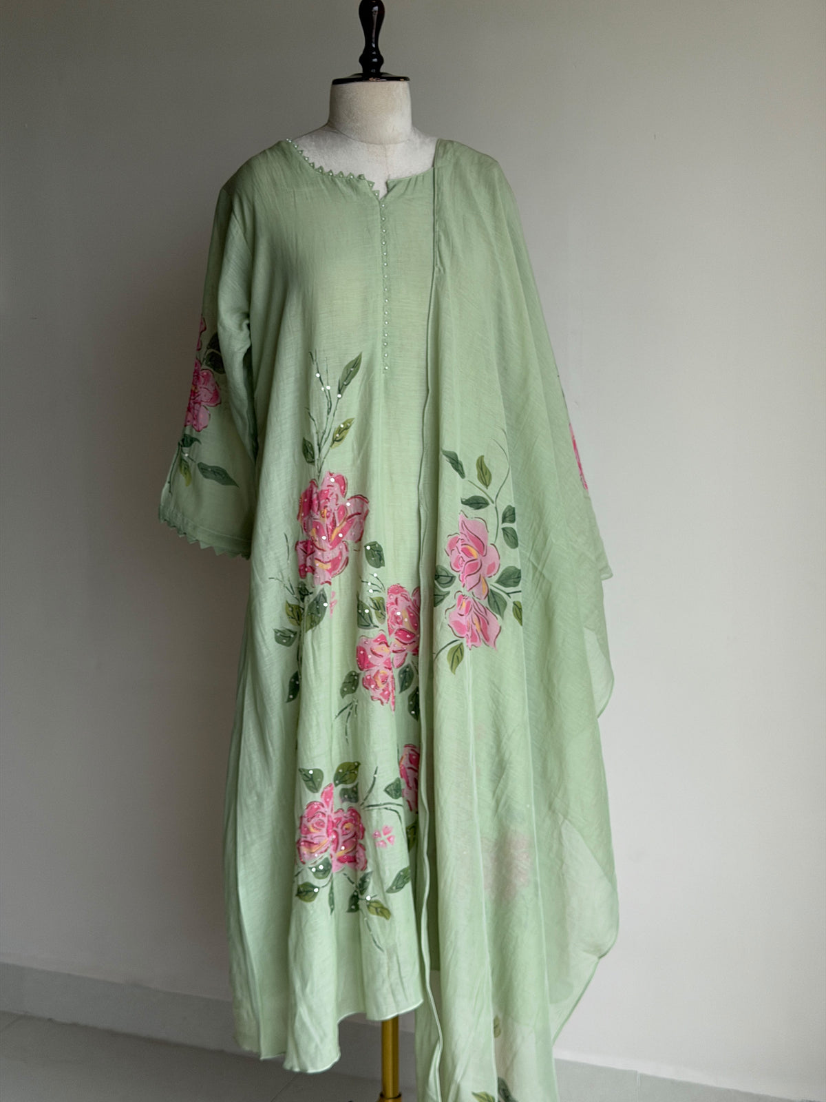 A0840 pista green mul chanderi 3 piece dress