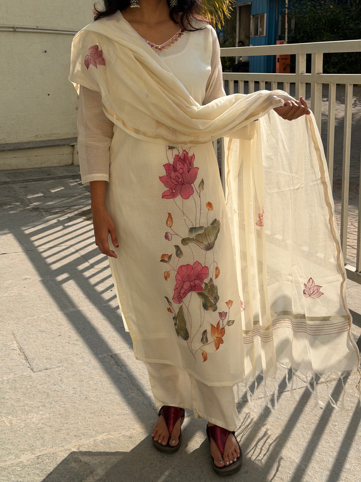 A0613 Cream shade hand painted mul Chanderi suit set