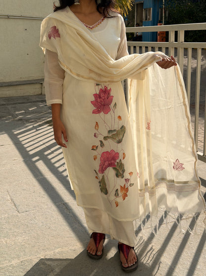 A0613 Cream shade hand painted mul Chanderi suit set